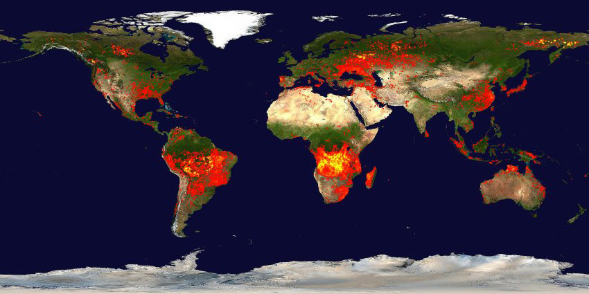 Composition of satellite images with overlaid graph of forest fire frequency (2010). © DPA / NASA / GSFC / MODIS Rapid Response